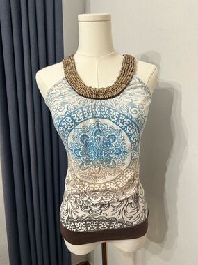 Decoded Vintage Y2k Blue & Brown Mandala Print Halter Tank Top Bohemian Hippie